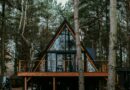 a cabin in the woods surrounded by trees