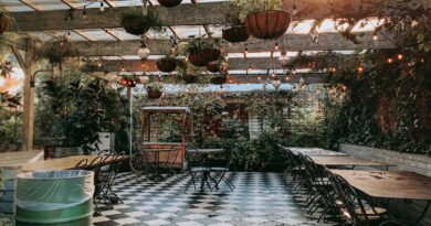 food cart near empty dining sets inside pergola during day
