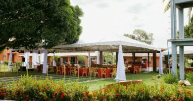 Outdoor event tent with tables and chairs on green grass